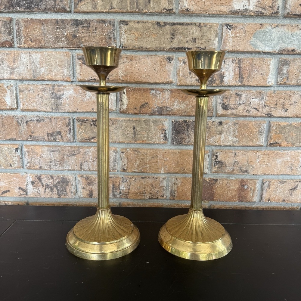 Pair of Vintage Brass Candlestick Holders 10" Tall Mid-Century Modern Decor